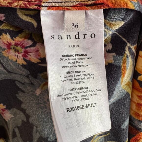 Sandro Paris Matti Floral-Print Silk Midi Dress Bow Shoulder Size EU 36, US 4 - Picture 6 of 11